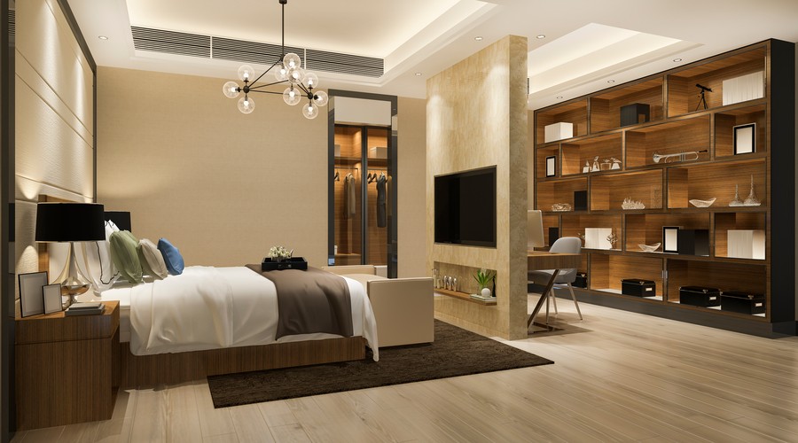A luxurious bedroom featuring layered lighting techniques for drama and effect.